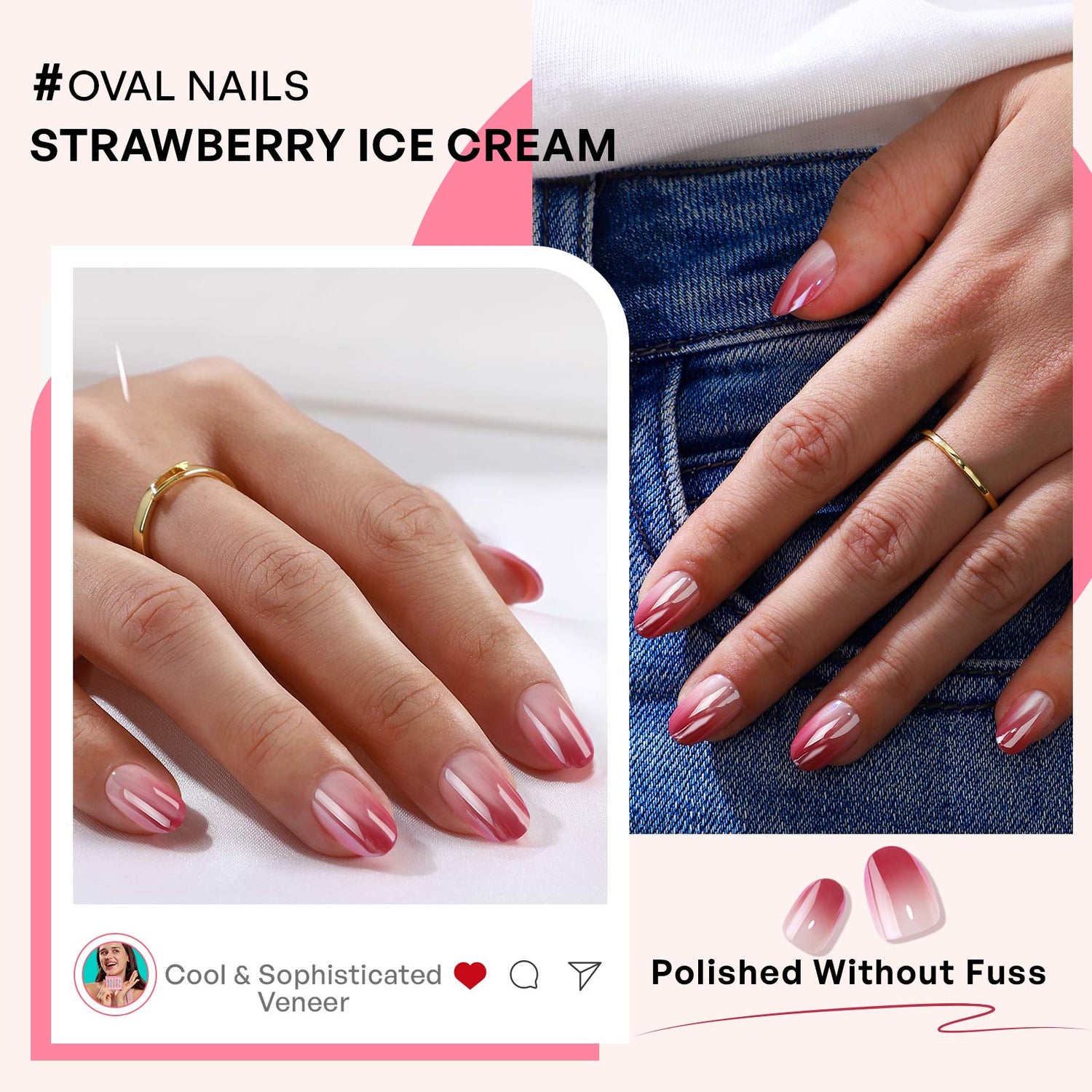 Kurze ovale Nägel in Ombre-Pink-Chrom