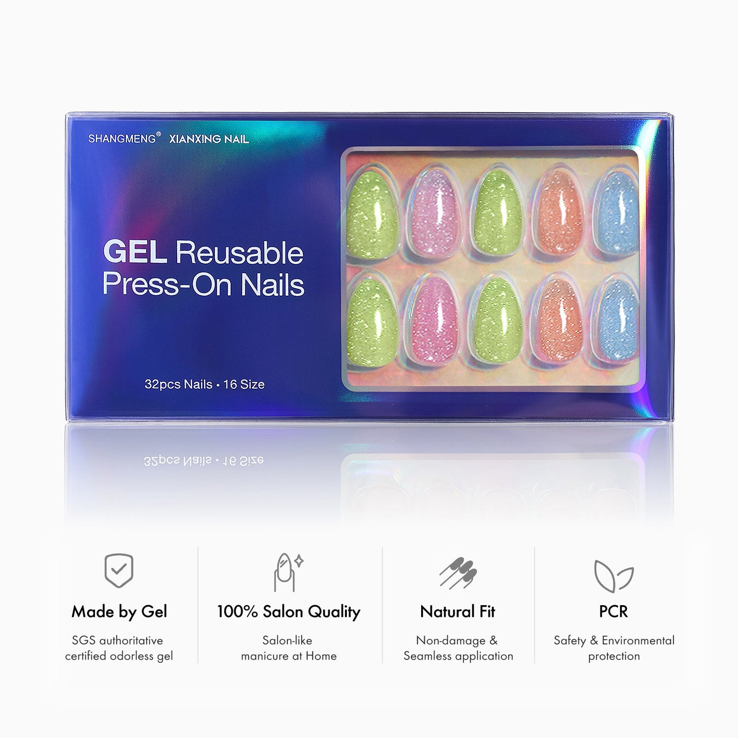 Glitzer-Regenbogen-Candy-Press auf Mandelnägeln