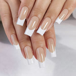 Beige White French Long Square Nails