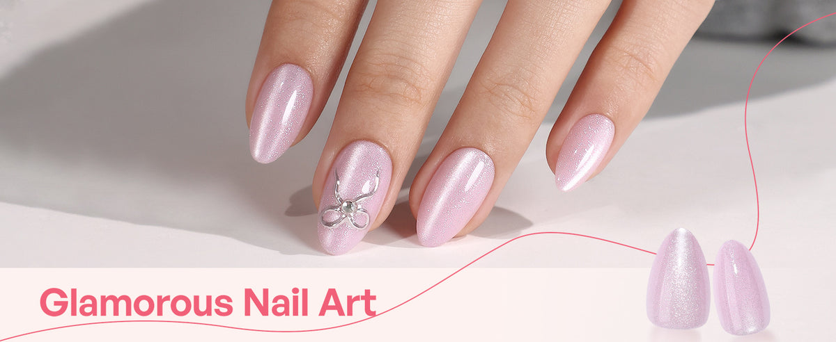 Unghie a Mandorla Corte Cat Eye Rosa con Fiocco Argento 3D detail image 1