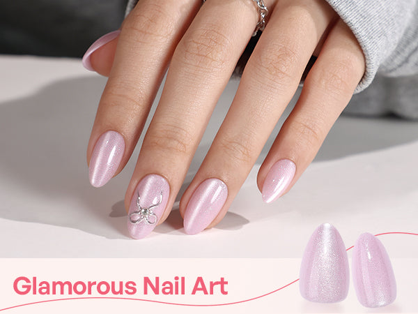 Unghie a Mandorla Corte Cat Eye Rosa con Fiocco Argento 3D detail image 1