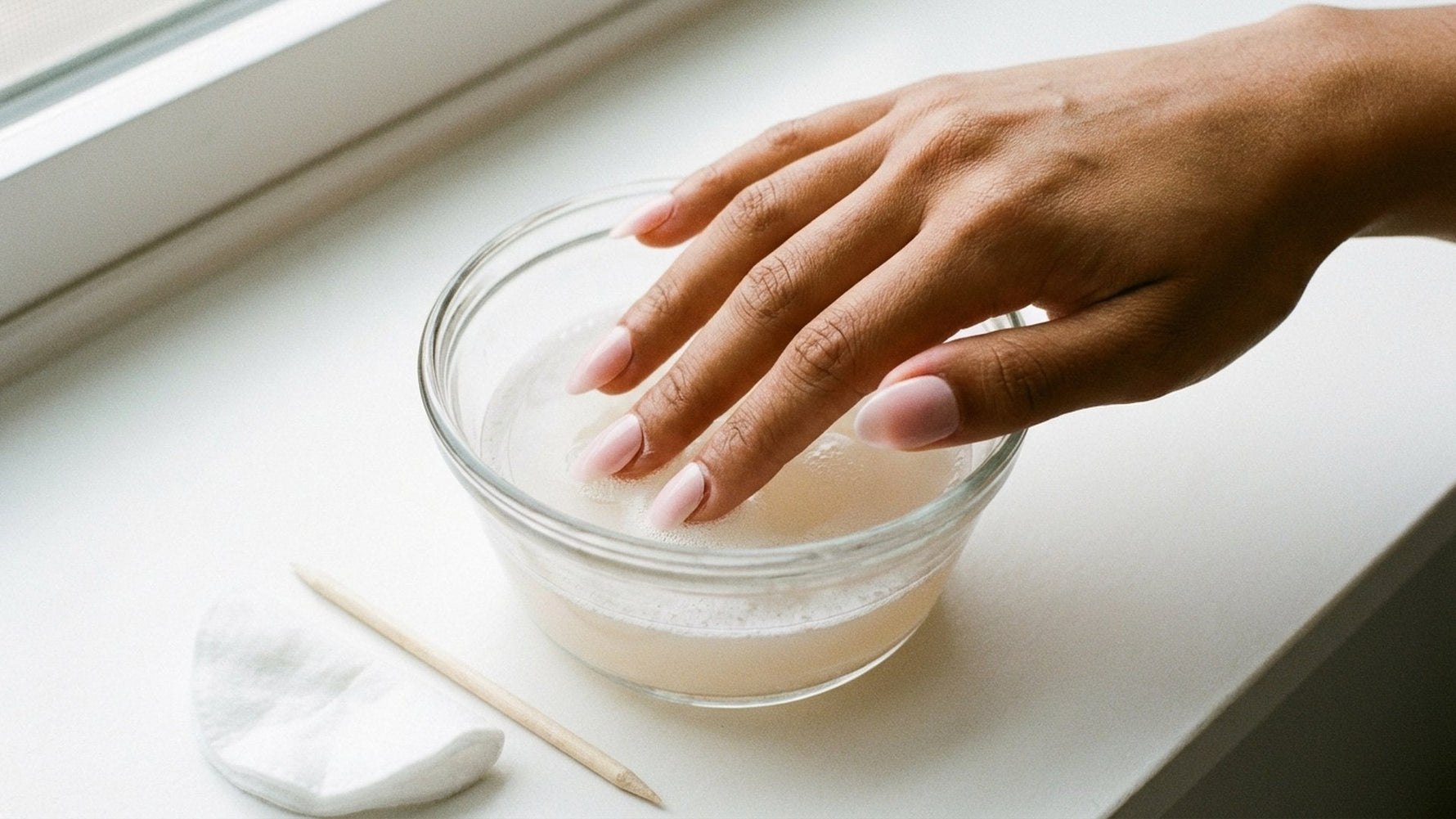 How to remove press-on nails safely hero — hand soaking in warm water bowl with cuticle stick