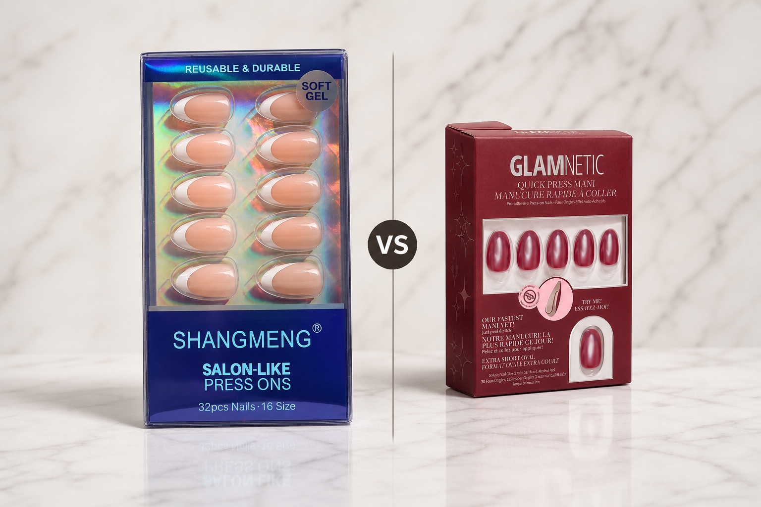 SHANGMENG vs Glamnetic press-on nails comparison flat lay product shot