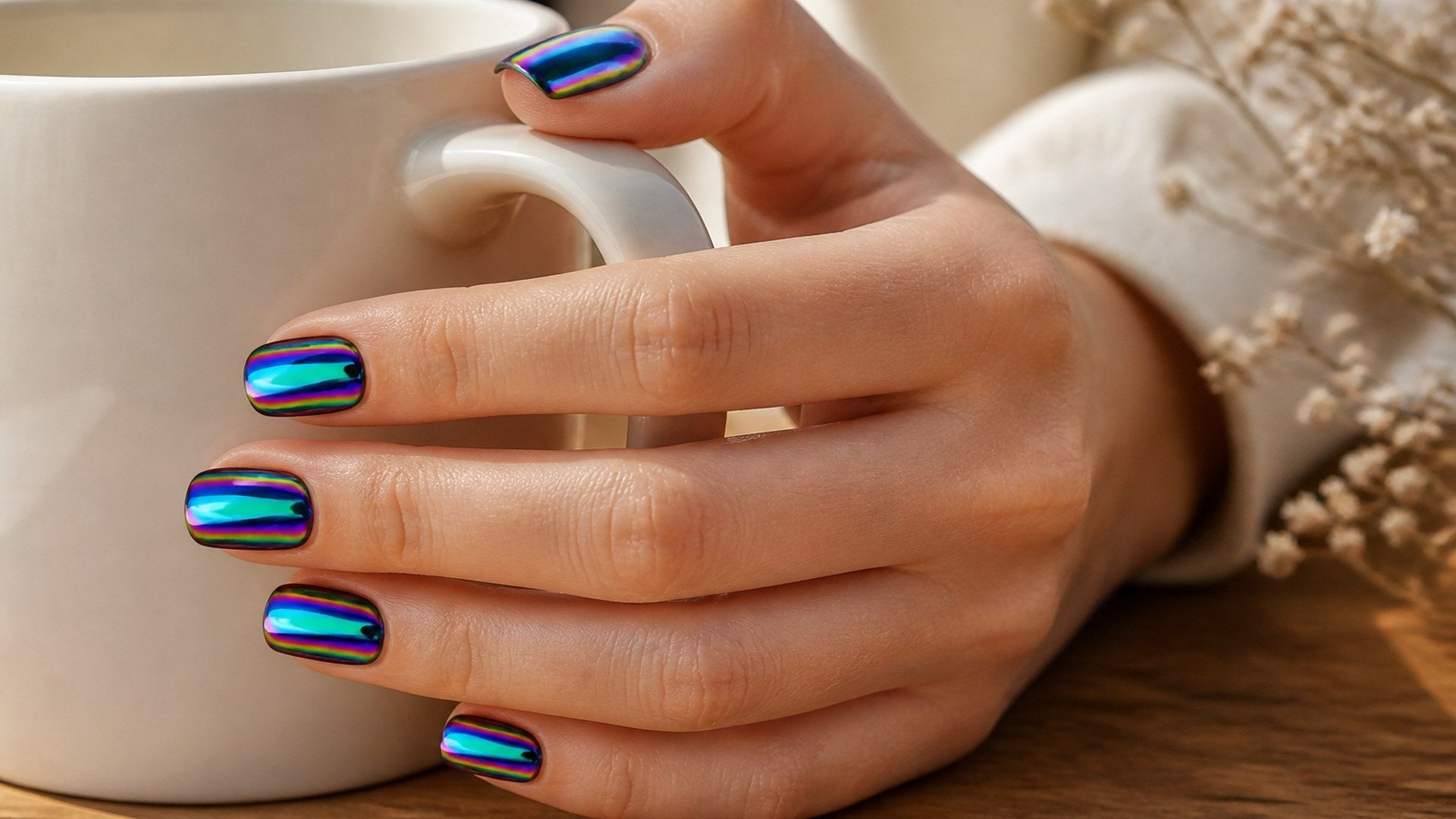 chrome mirror press on nails worn on hand lifestyle editorial hero