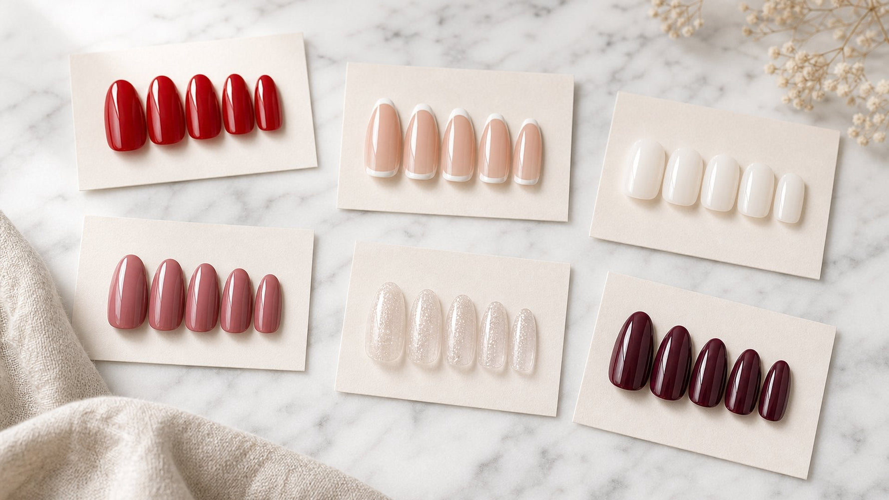 multiple press-on nail sets in different styles arranged on marble for an honest brand comparison