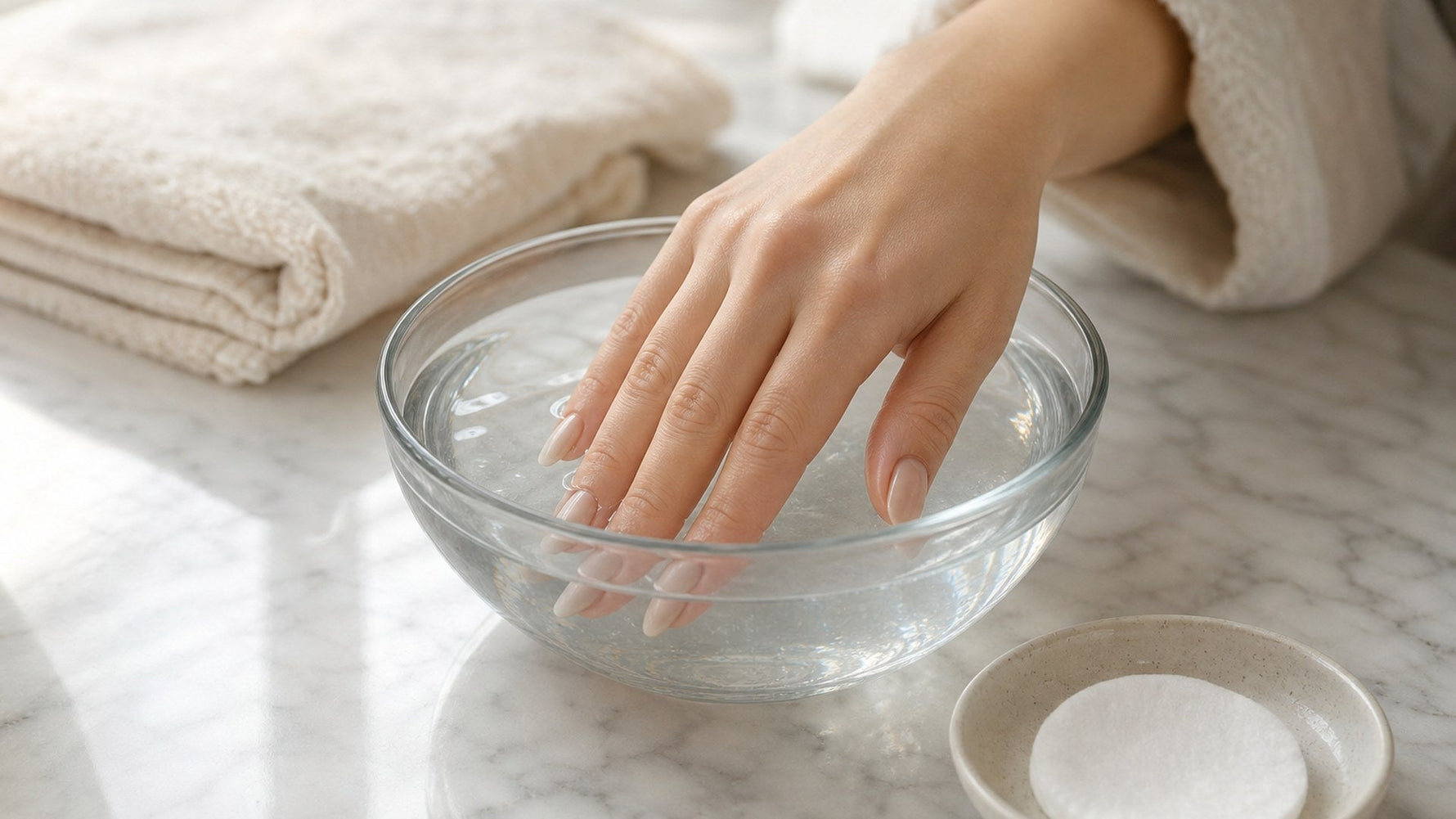 hand with nude press-on nails soaking fingertips in a glass water bowl for gentle nail glue removal