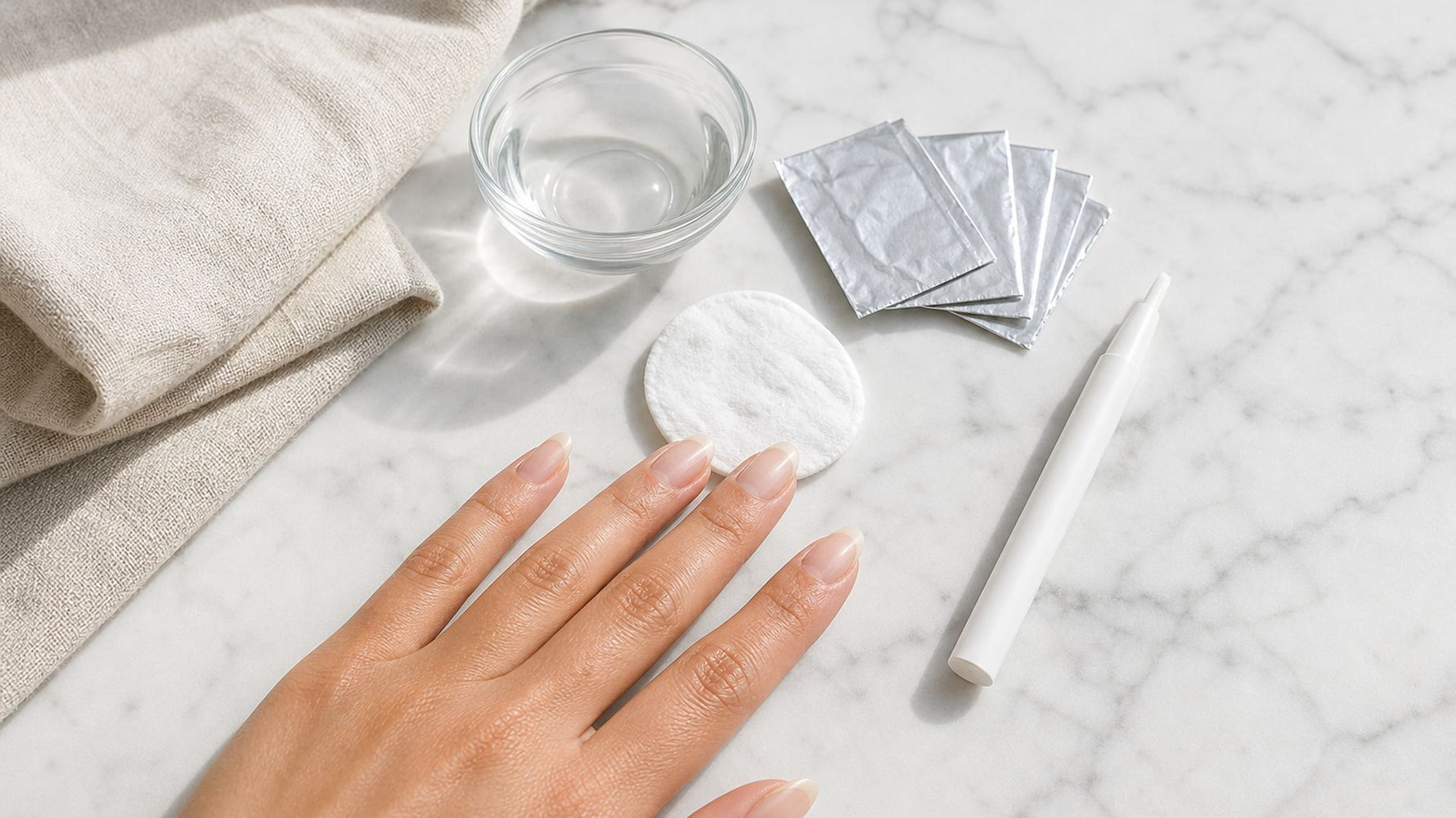 flat lay of nail glue remover essentials cotton pad foil and applicator pen with a hand showing nude nails