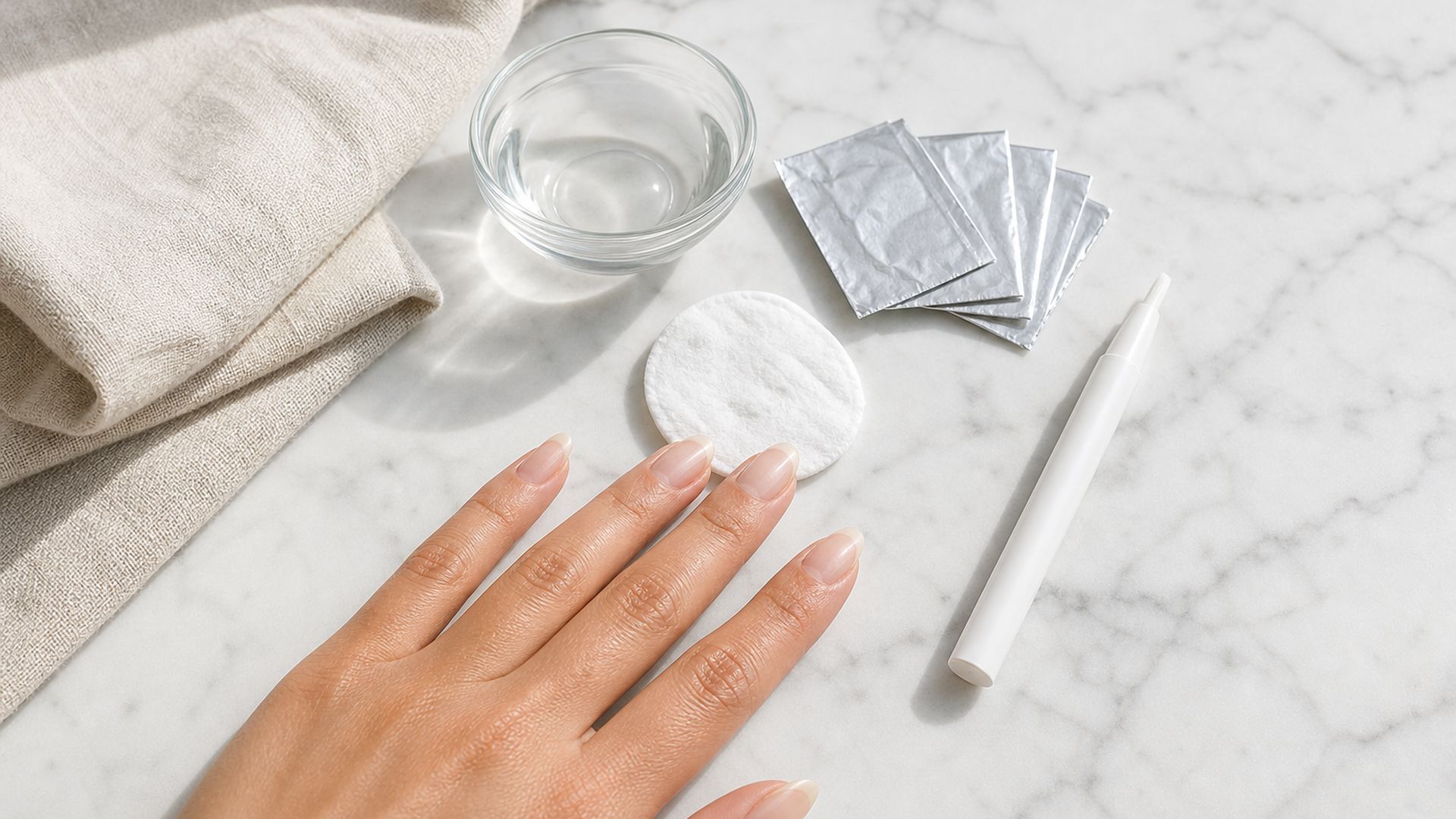 flat lay of nail glue remover essentials cotton pad foil and applicator pen with a hand showing nude nails