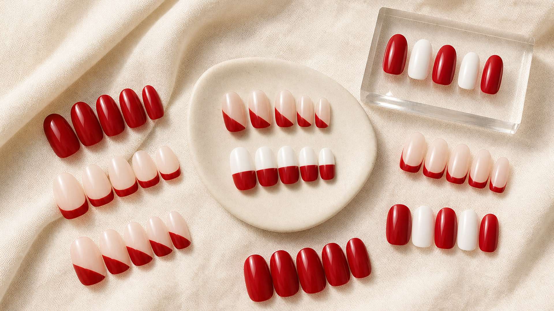 red and white nail designs press on nails editorial beauty hero flat lay