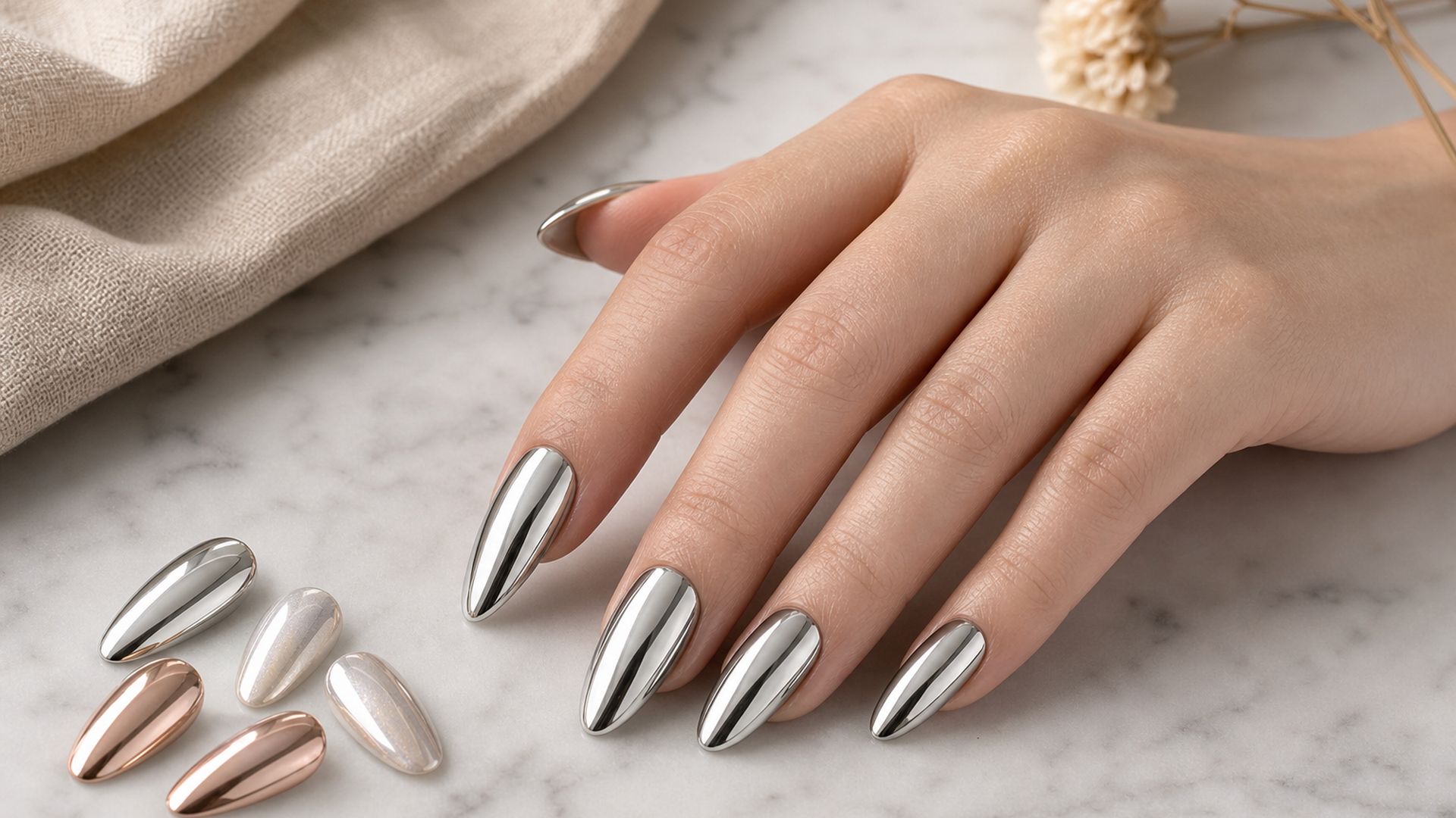 chrome press-on nails 2026 trend guide — silver mirror chrome and glazed chrome press-on nail sets arranged on dark reflective surface, showing metallic mirror finish