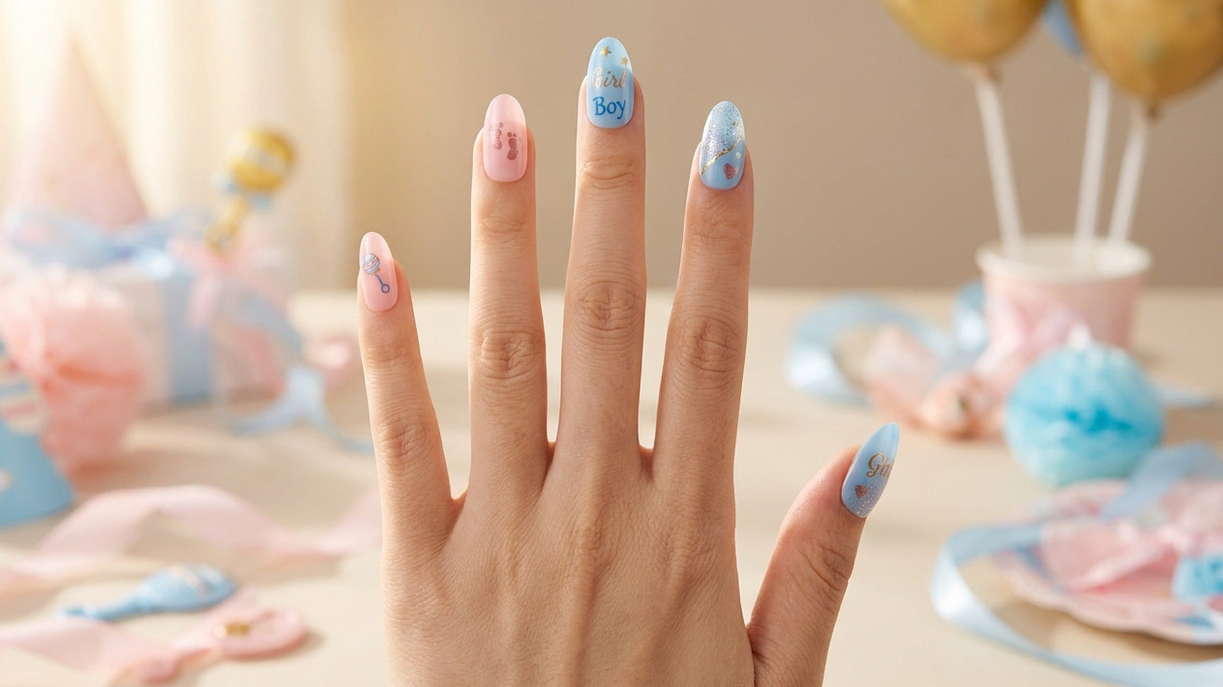 Baby Shower Press-On Nails: 15 Gender Reveal Designs hero image