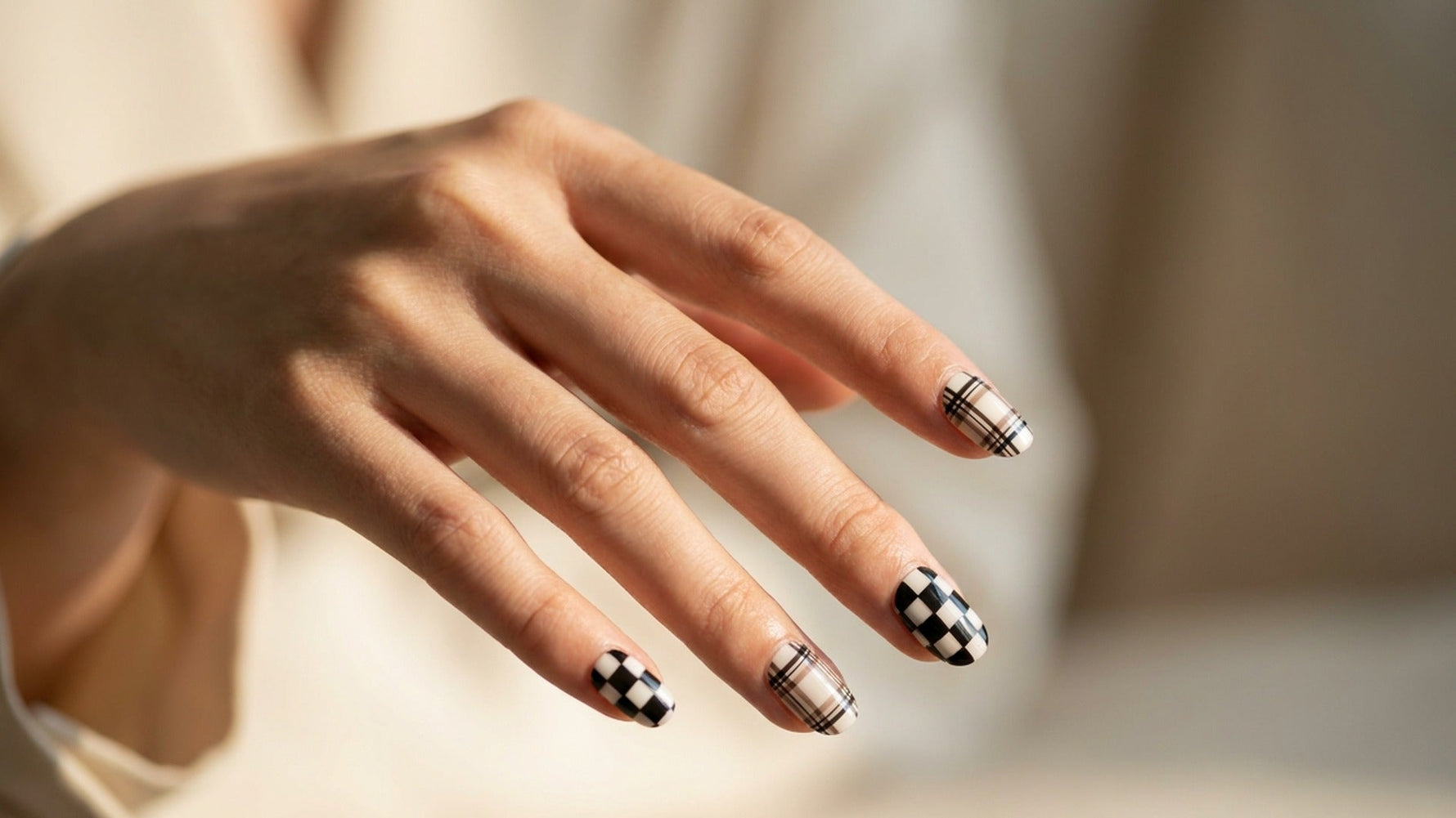 Checkered Press-On Nails: Black, White & Plaid Designs hero image