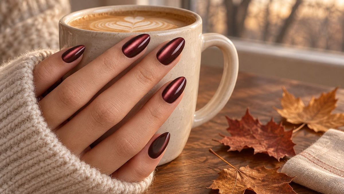 november nail ideas 2026 brown burgundy cat eye almond press-on nails holding a latte mug on an autumn table