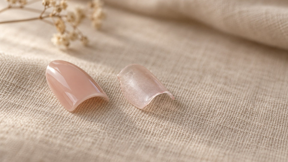 thick vs thin press on nails comparison of a tapered soft gel nail and a thin clear nail