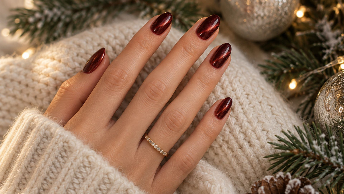 woman's hand with glossy wine red cat eye short almond press on nails resting on a cream knit sweater beside pine sprigs, silver ornaments and warm string lights for december