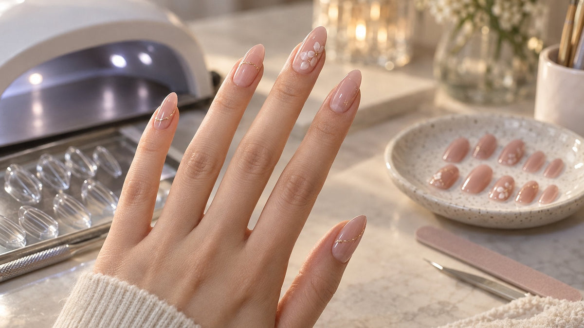 Gel-X vs soft gel press-on nails: a salon nail table with clear full-coverage extension tips and a nail lamp beside a home vanity with finished almond soft gel press-on nails laid out loose on a small ceramic dish