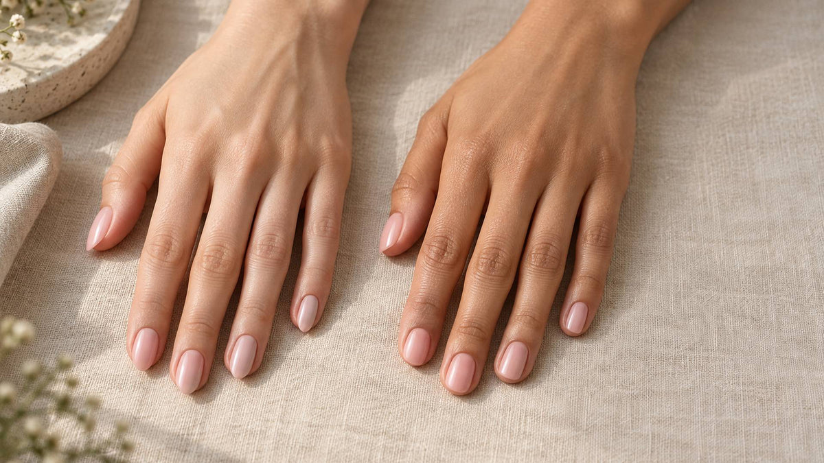 almond vs round nails on two hands side by side in the same soft pink, almond tips tapering to a soft point and round tips following the fingertip curve