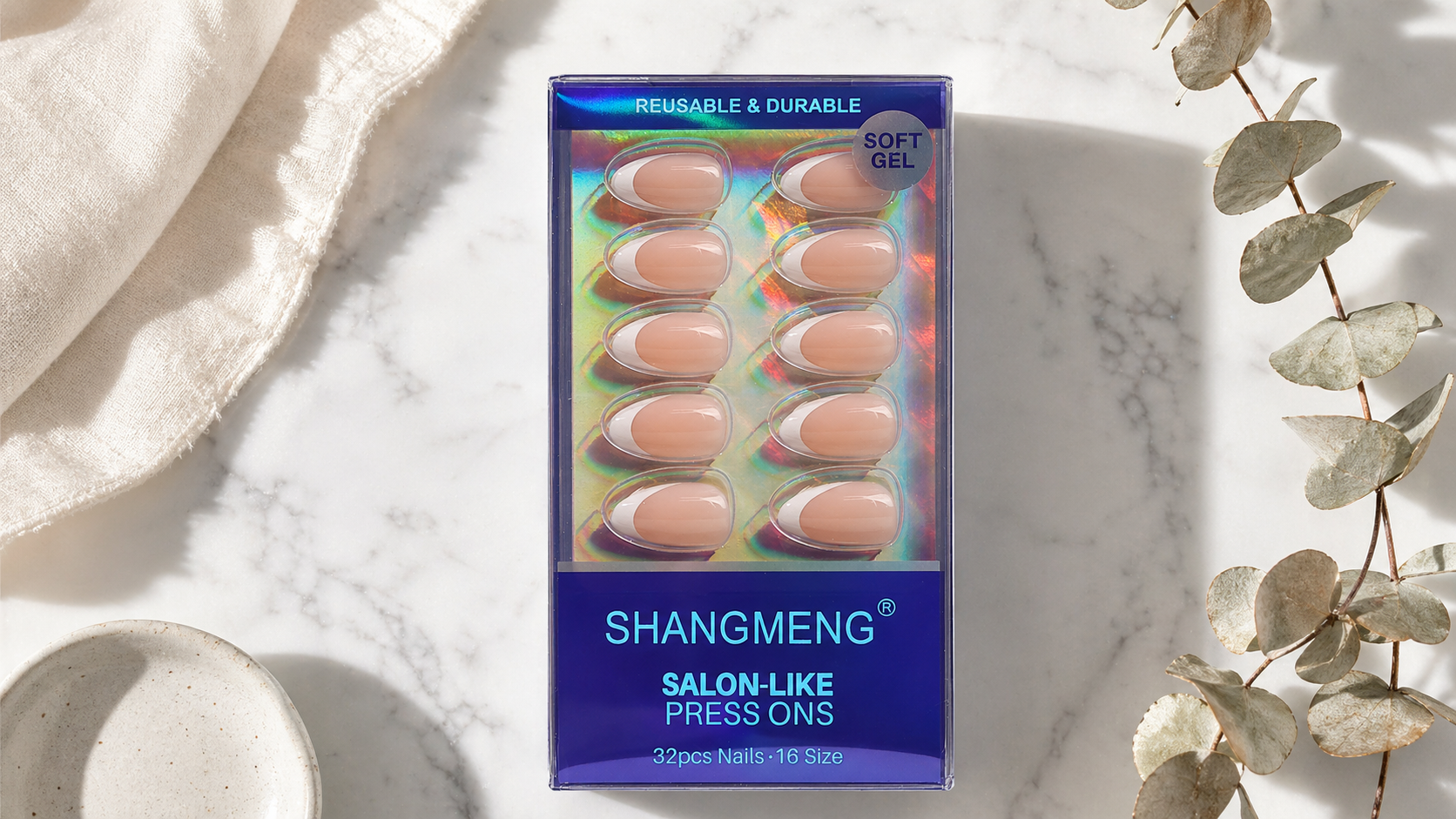 SHANGMENG press on nails complete kit deep blue holographic box French tip design on marble surface
