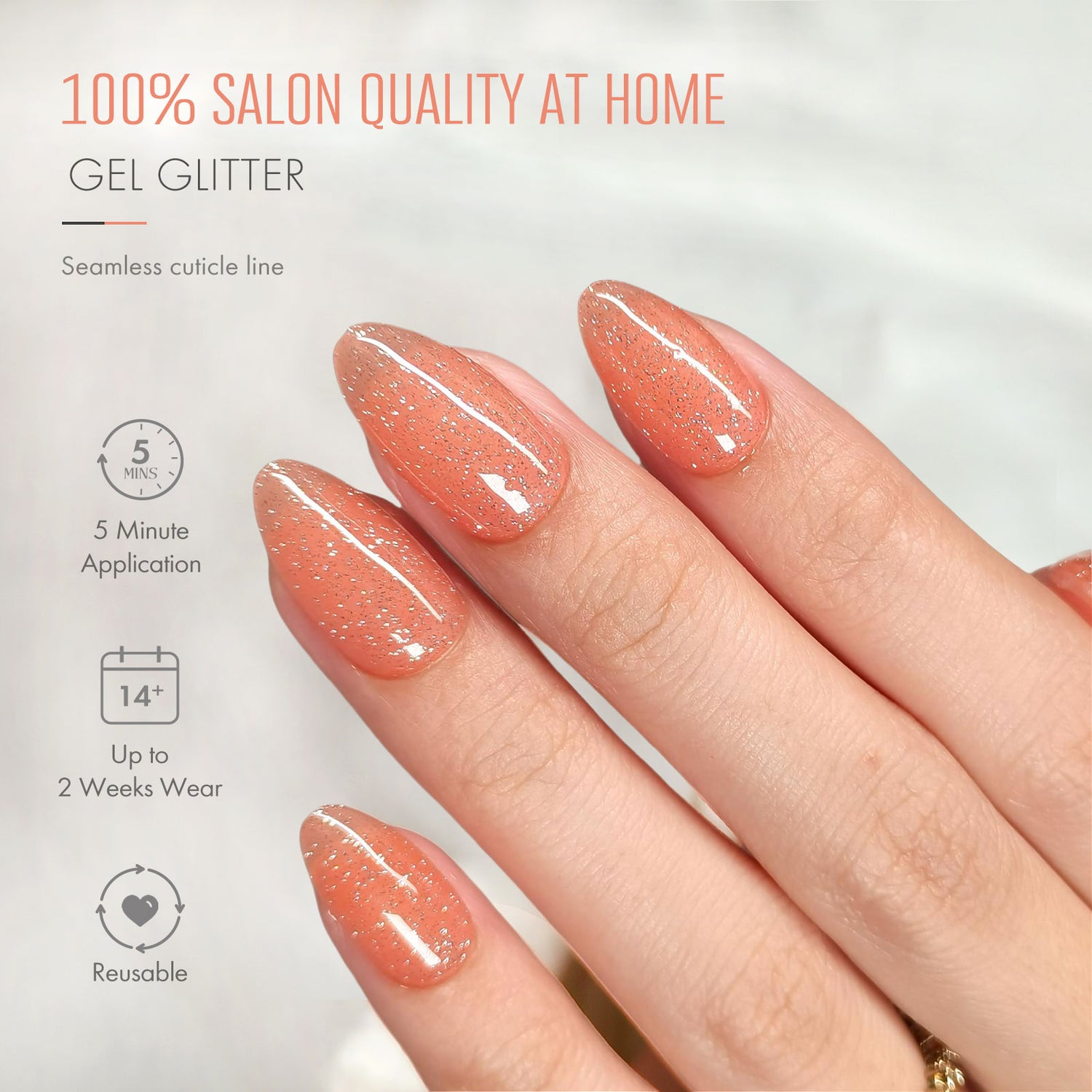 Glitter Orange Soft Gel Almond Nails