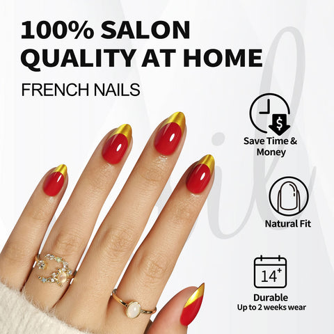 Red Gold-Tipped French Tip Short Press-On Nails