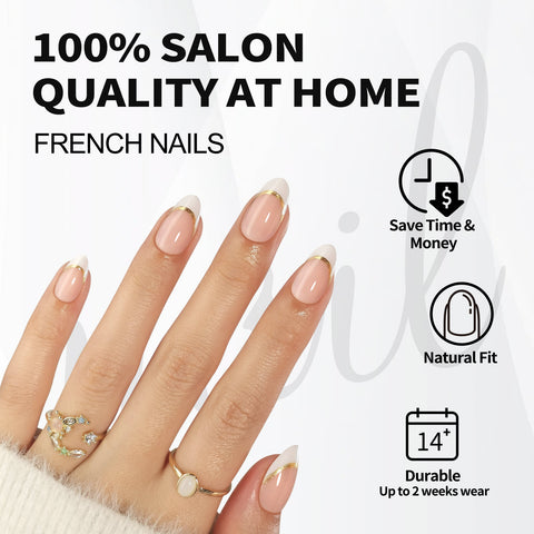 Gold Trim Pink French Almond Nails - Press on Nails
