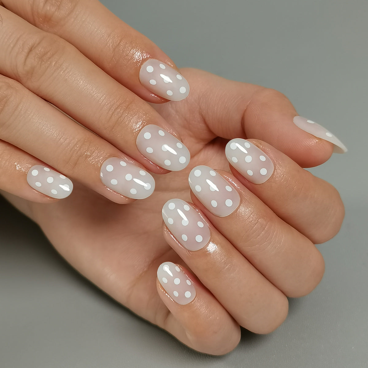 Nude Press on Nails with White Polka Dots