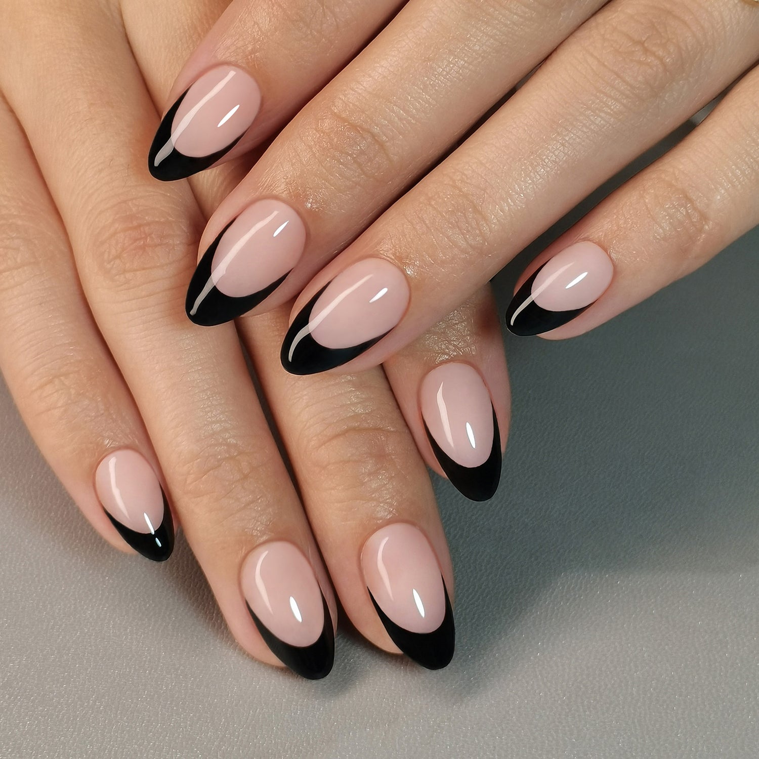French Black Tips Short Almond Nails