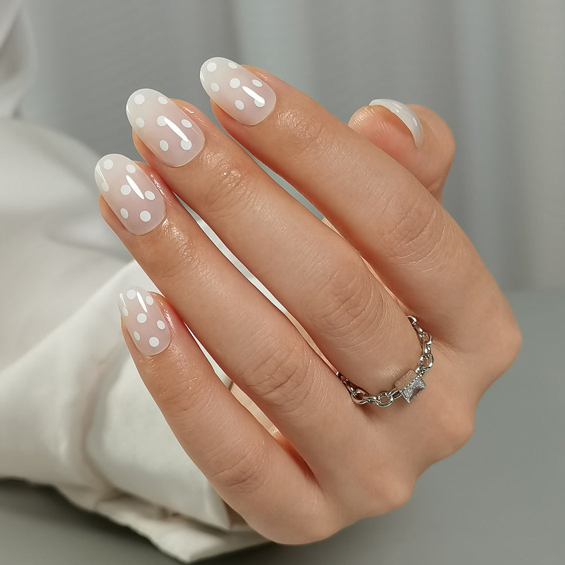 Nude Press on Nails with White Polka Dots