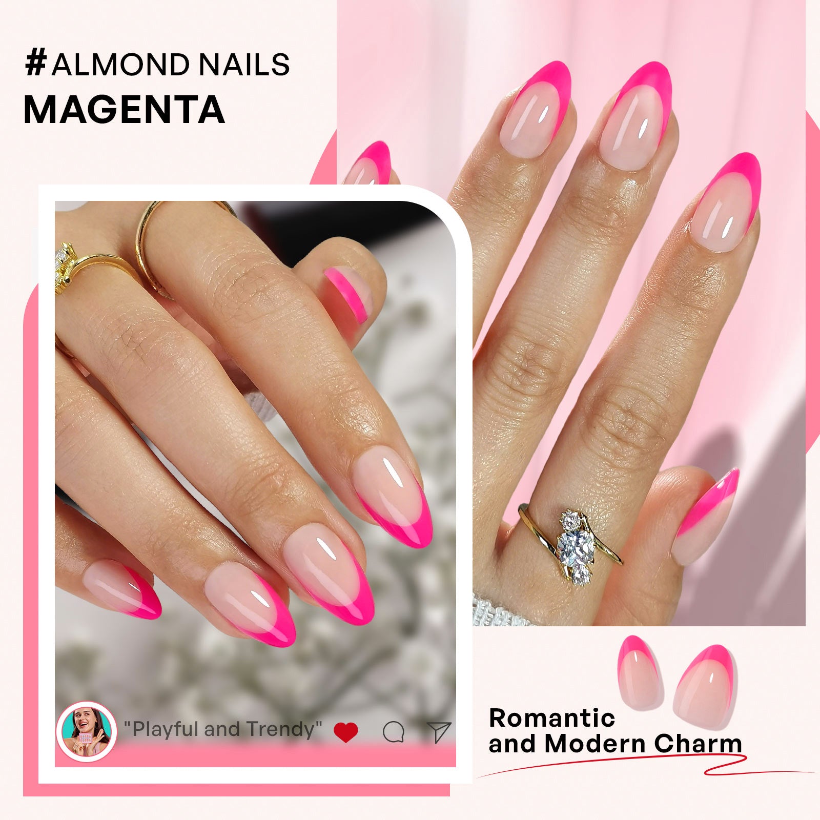SHANGMENG®| Hot Pink French Short Almond Nails | Press On Nails