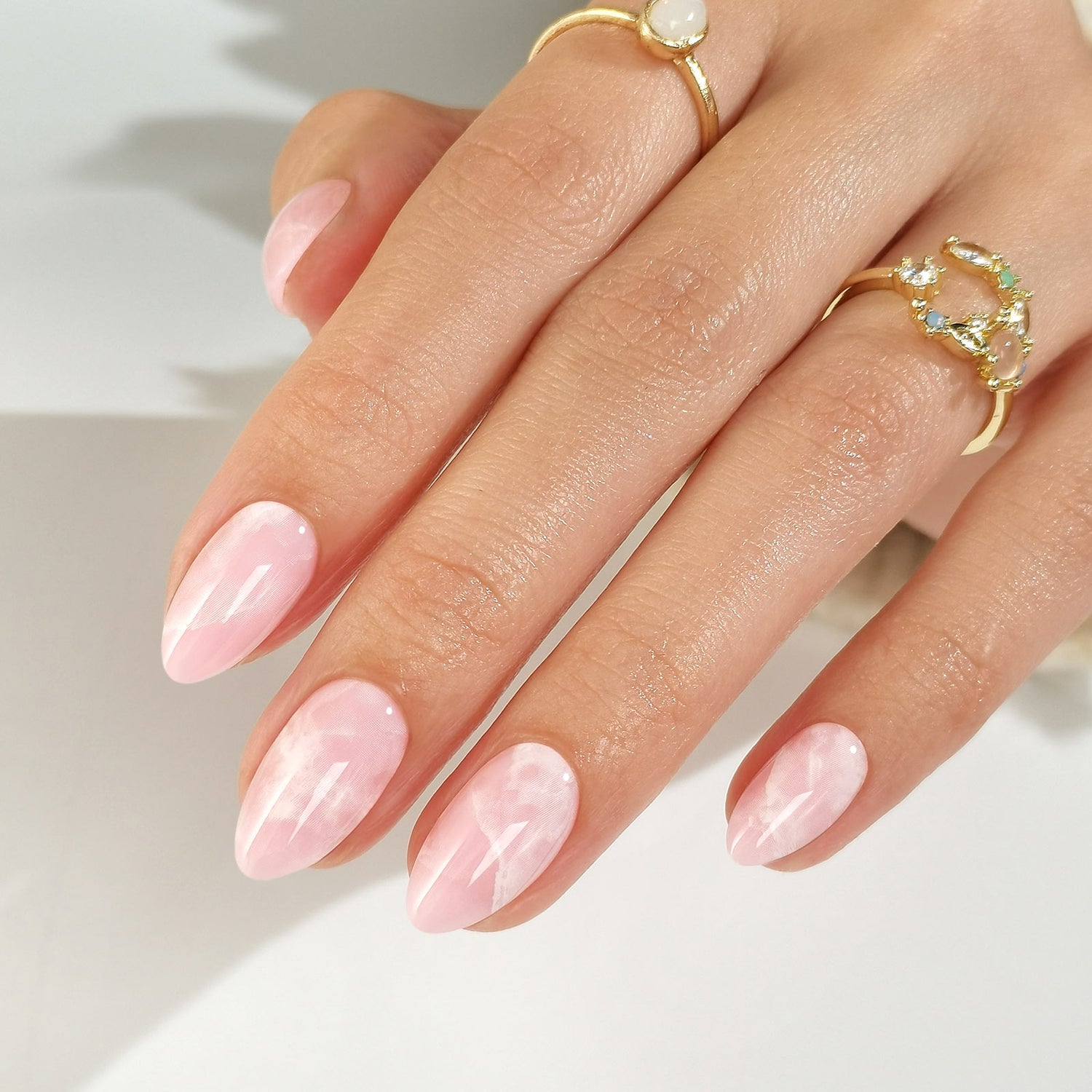 Pink And White Marble Short Almond Nails