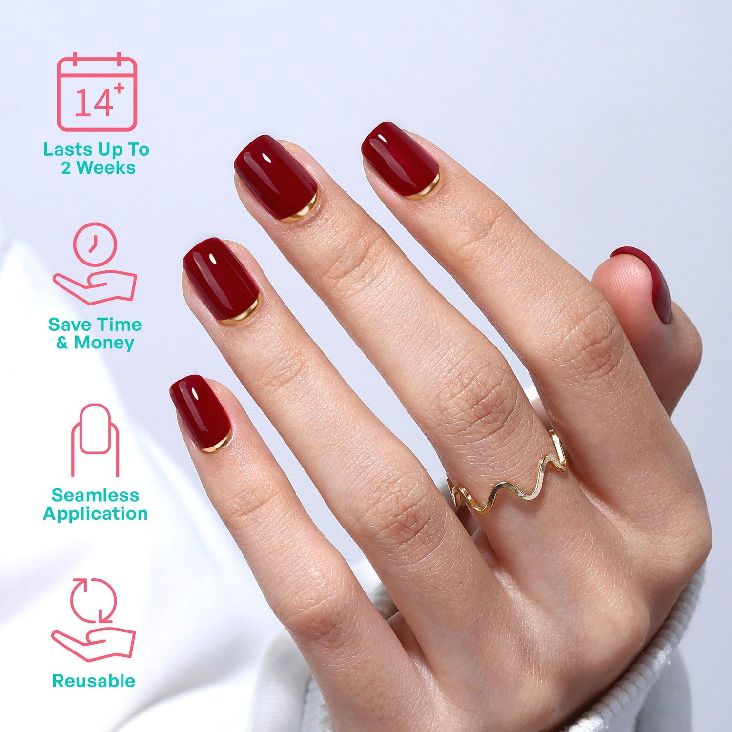 Dark Red and 3d Gold Tip Nails Square