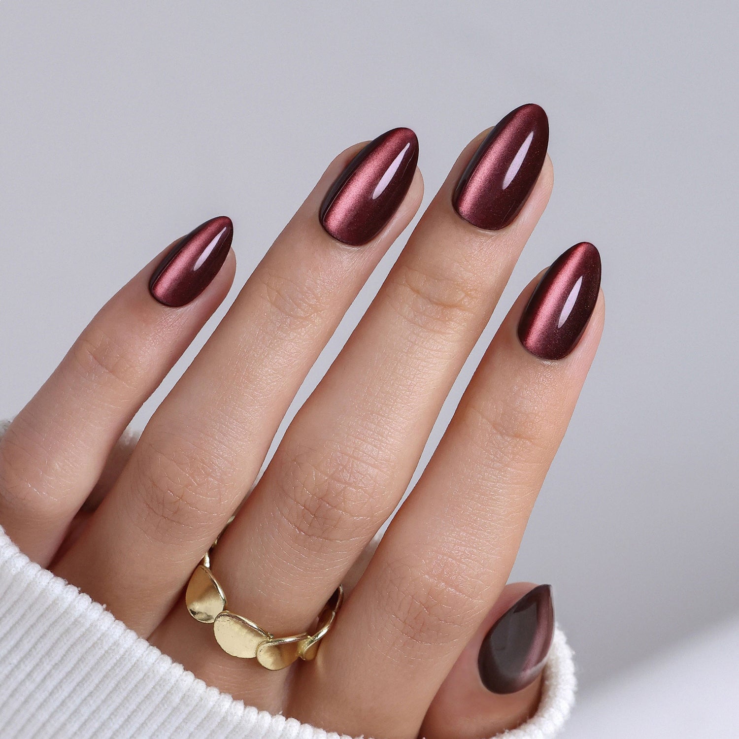 Chocolate Brown Cat Eye Almond Nails