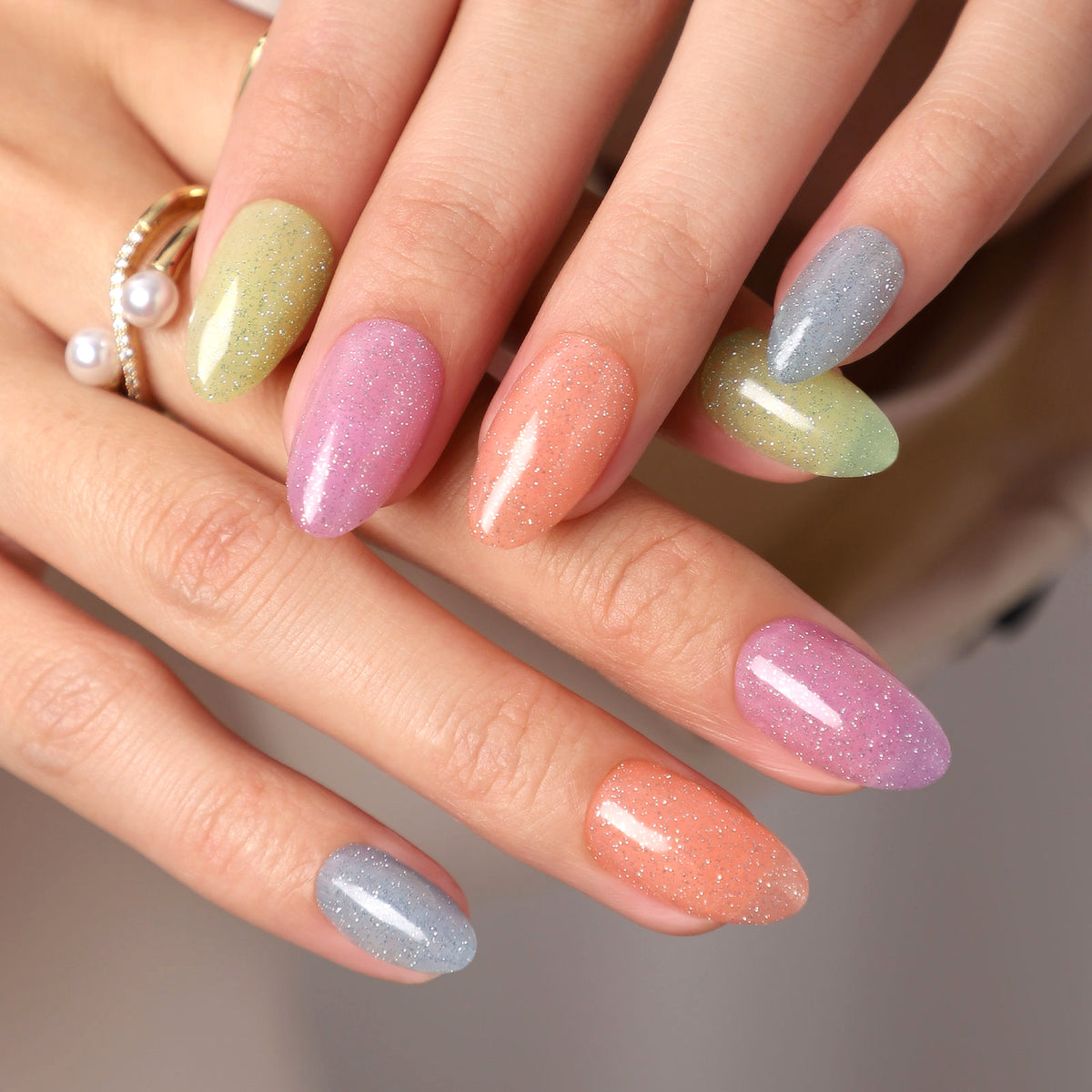 Glitter Rainbow Candy Press on Almond Nails product photo | SHANGMENG®
