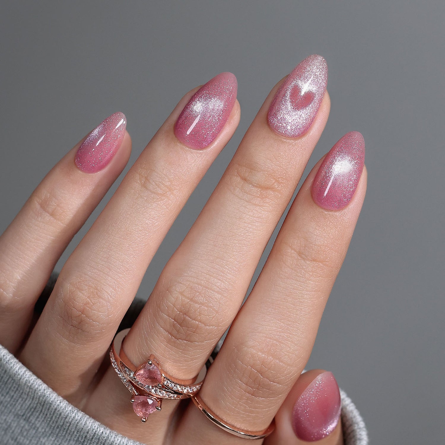 Pink Velvet Cat Eye Heart Valentines Nails