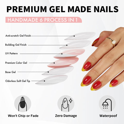 Kurze Press-On-Nägel mit rotgoldener Spitze im French Tip-Stil