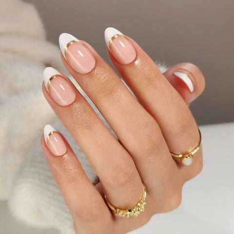 Gold Trim Pink French Almond Nails - Press on Nails