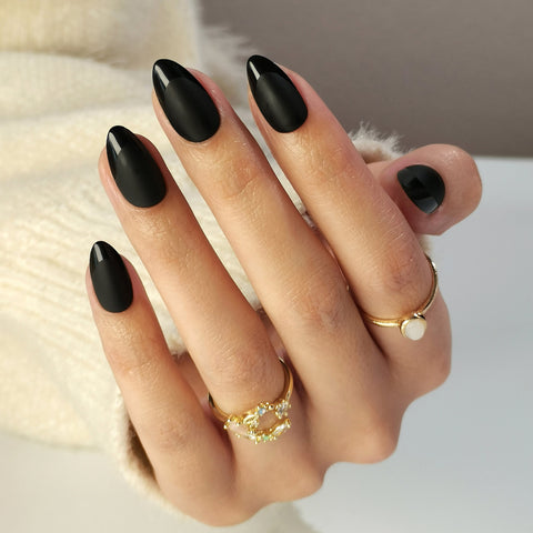 French Matte Black Short Almond Nails