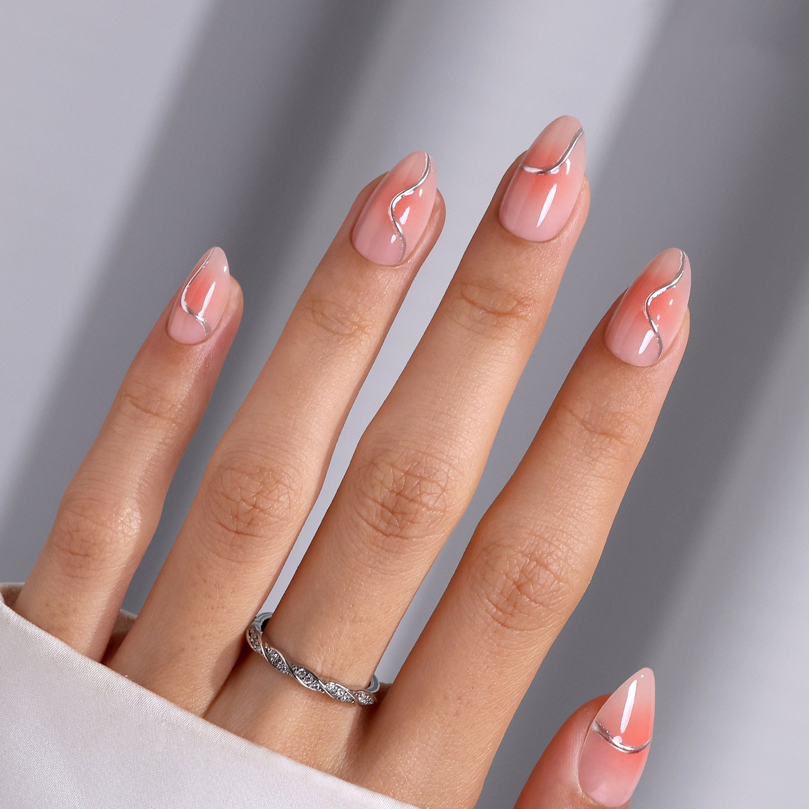Silver Futuristic Ombre Pink 3D Almond Nails