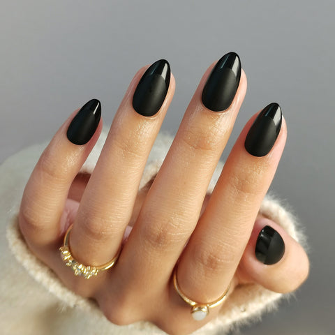 French Matte Black Short Almond Nails
