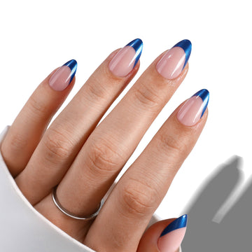 Glazed Royal Blue French Press On Short Almond Press on Nails — Almond Glazed French Tip Blue by SHANGMENG