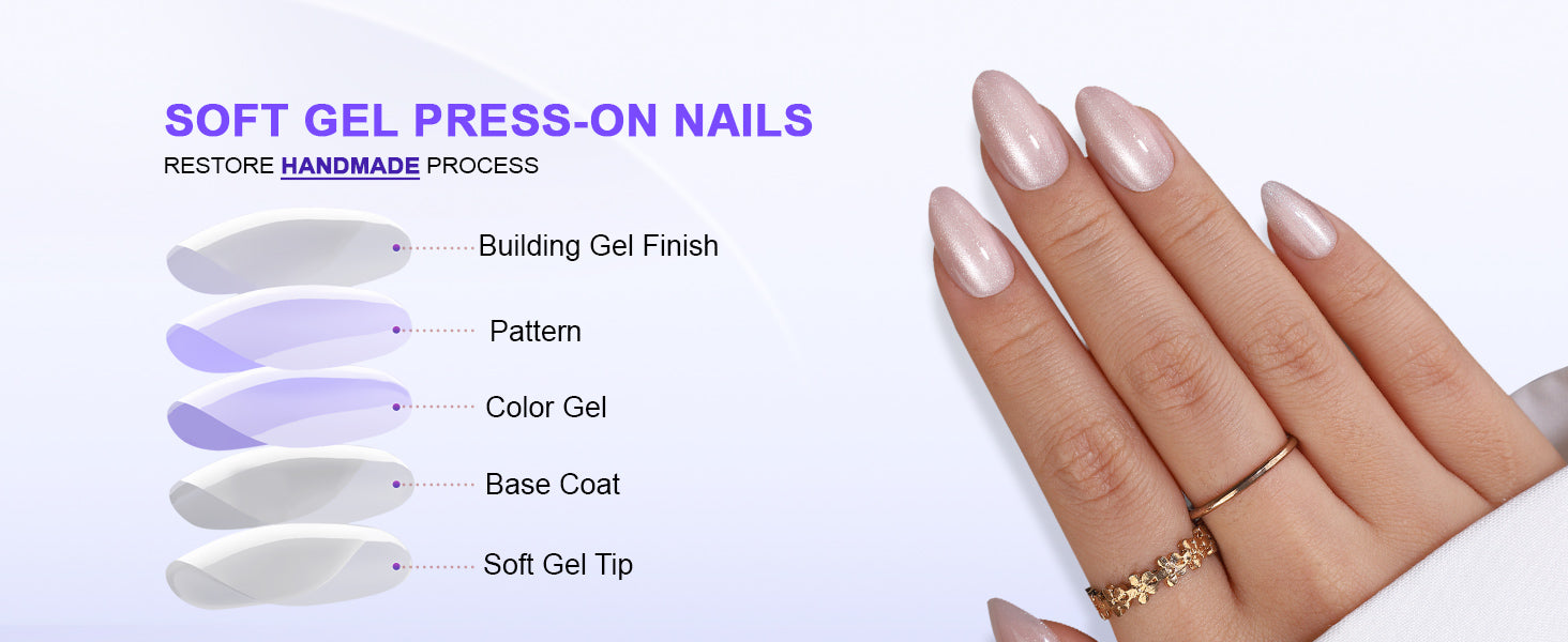 Faux Ongles Rose Scintillant Amande Courts Réutilisables en Gel Souple à Presser detail image 3
