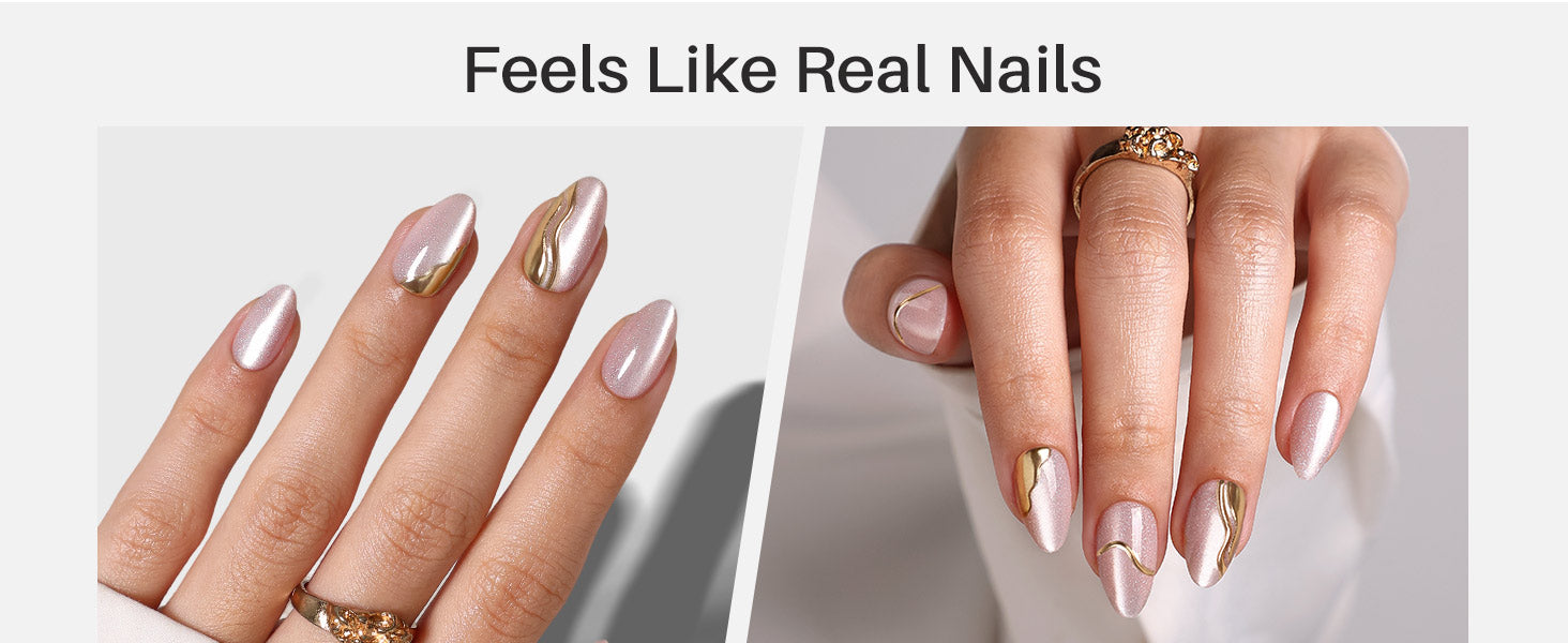 Muse Champagne — faux ongles press-on courts en amande, effet œil-de-chat 3D detail image 1