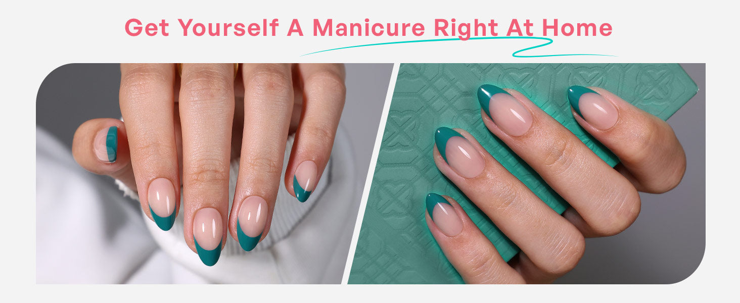 Dark Cyan French Tip Short Almond Press on Nails detail image 1