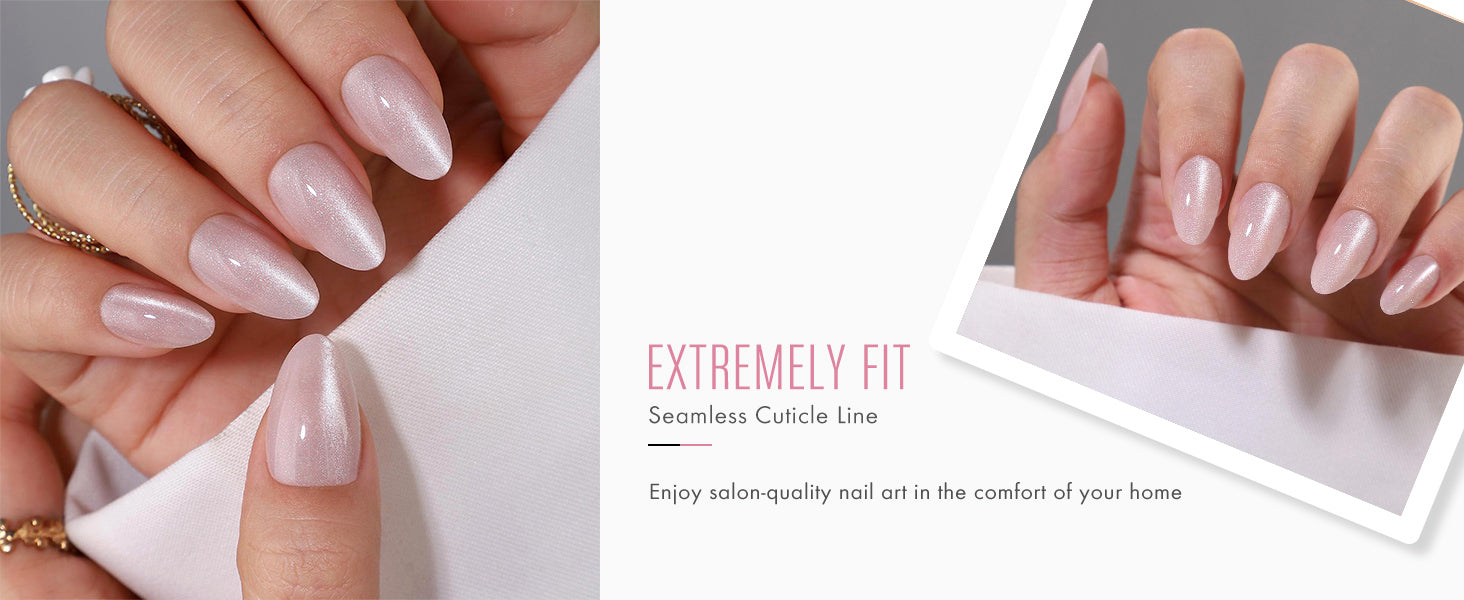 Faux Ongles Rose Scintillant Amande Courts Réutilisables en Gel Souple à Presser detail image 1