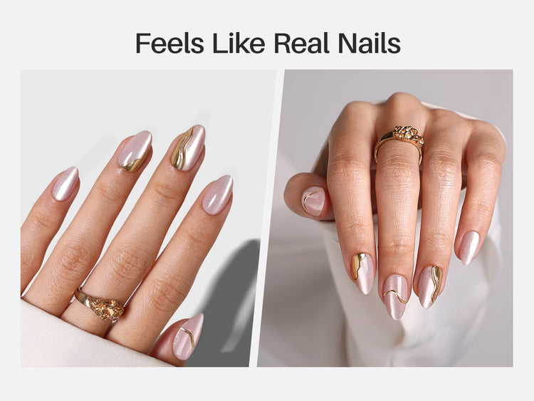 Muse Champagne — faux ongles press-on courts en amande, effet œil-de-chat 3D detail image 2
