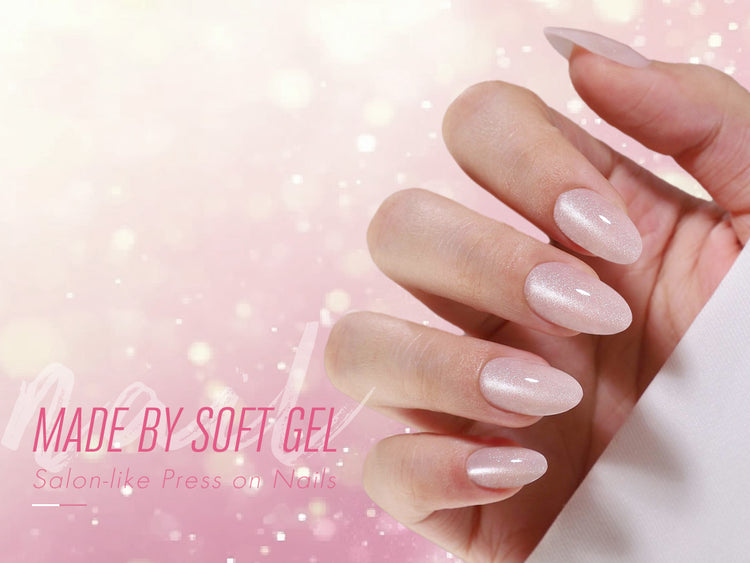 Faux Ongles Rose Scintillant Amande Courts Réutilisables en Gel Souple à Presser detail image 3