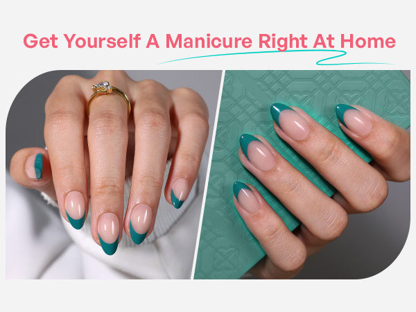 Dark Cyan French Tip Short Almond Press on Nails detail image 1