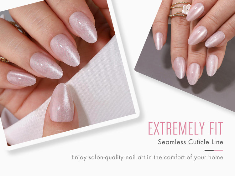 Faux Ongles Rose Scintillant Amande Courts Réutilisables en Gel Souple à Presser detail image 1
