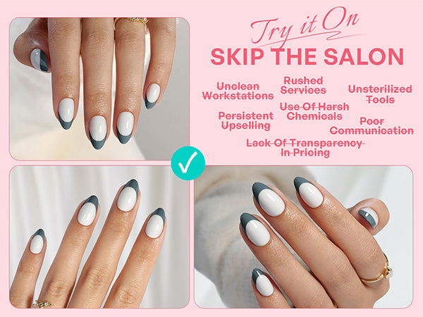 French Tip White Green Short Almond Press on Nails detail image 1