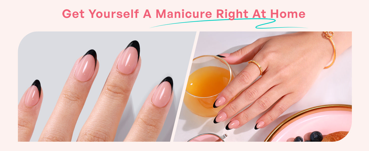 Faux ongles courts noirs en amande avec French manucure en gel souple à presser detail image 2